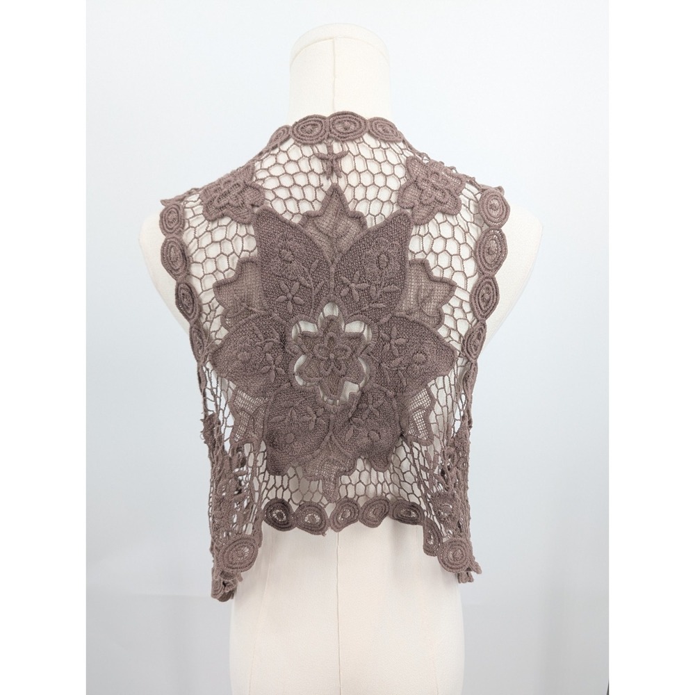 Crochet Cropped Vest S/M Brown Open Front Boho Festival Layering Hippie Western